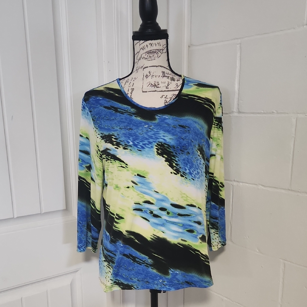 Allison Daley Blue and Green Abstract Long Sleeve Top With 3/4 Sleeves Petite M